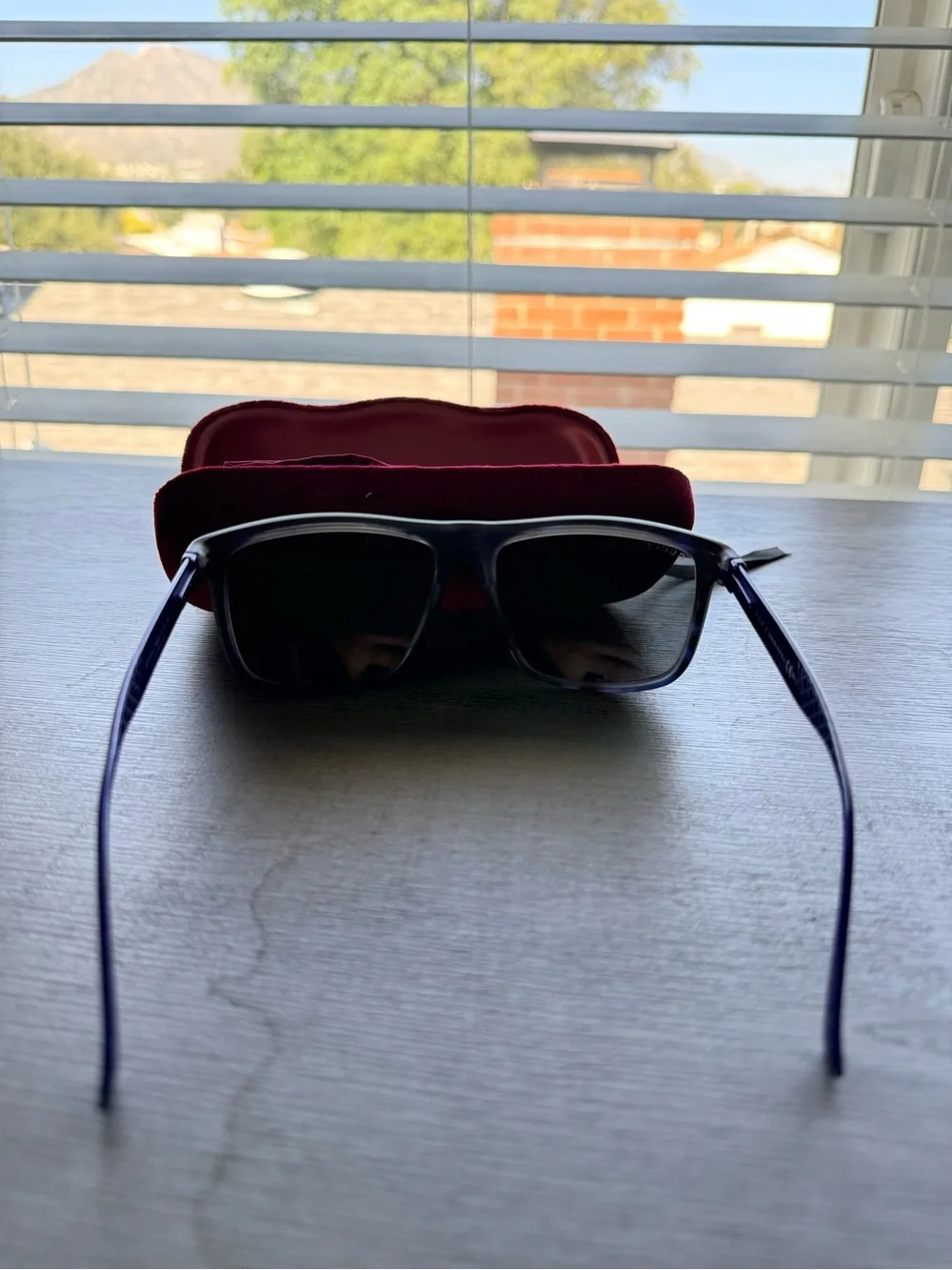 Gucci Black Frame Sunglasses with blue sides and Dark Lenses and Maroon Case